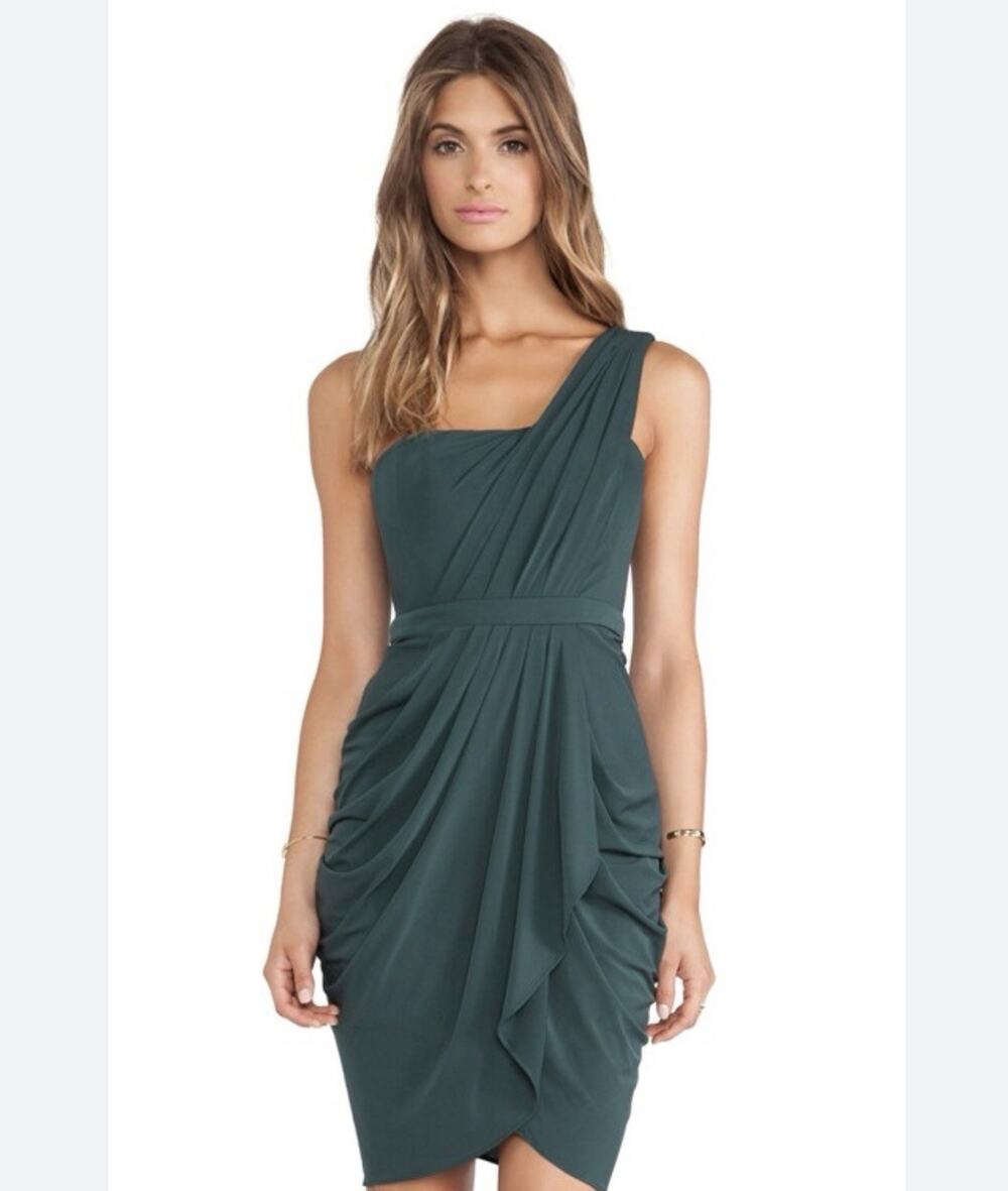 BCBGMAXAZRIA Julieta One Shoulder Dress in Fern Draped Party Cocktail 0 XS
